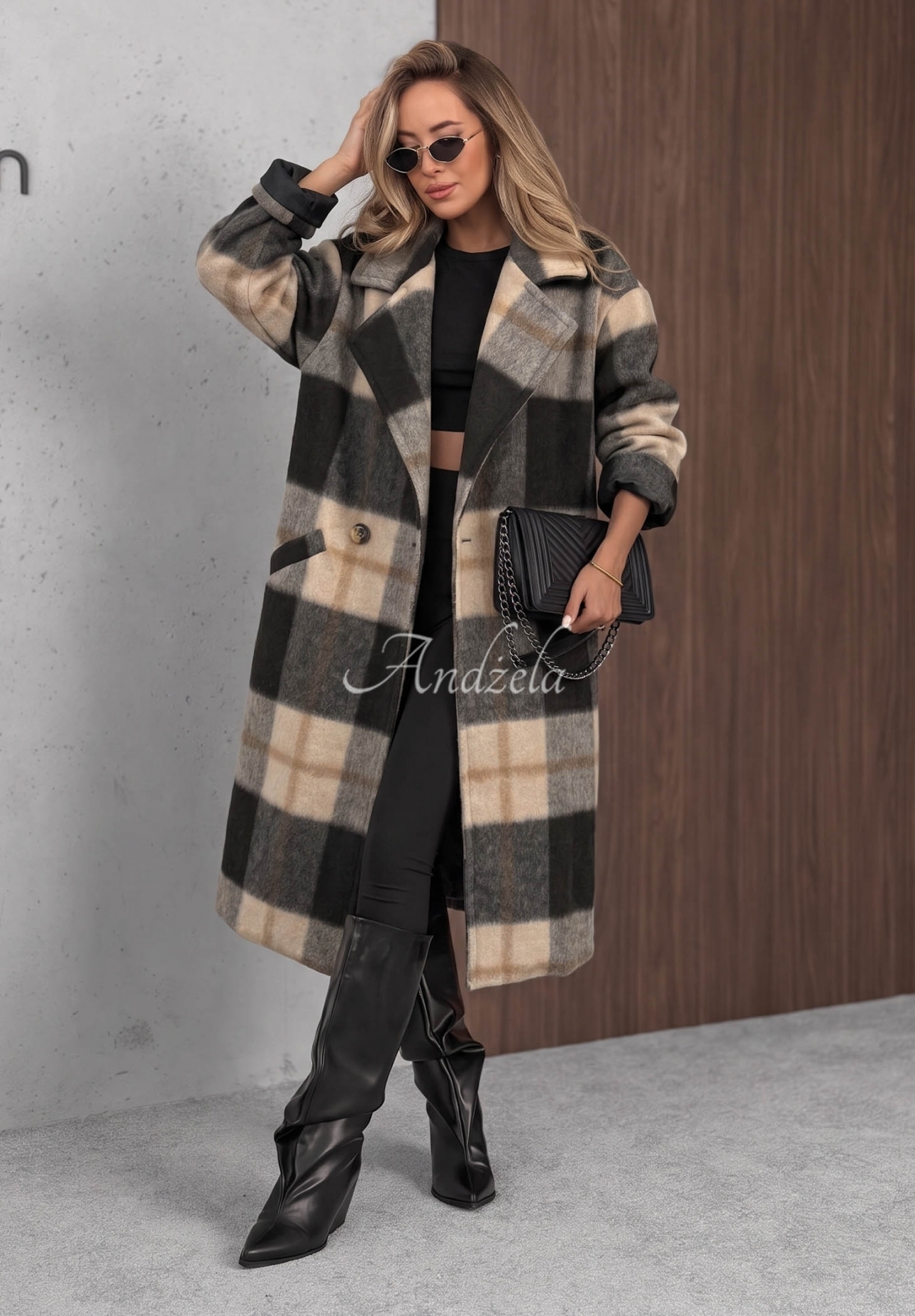 Cloudy Daydream Black Long Oversized Checkered Coat with Wool