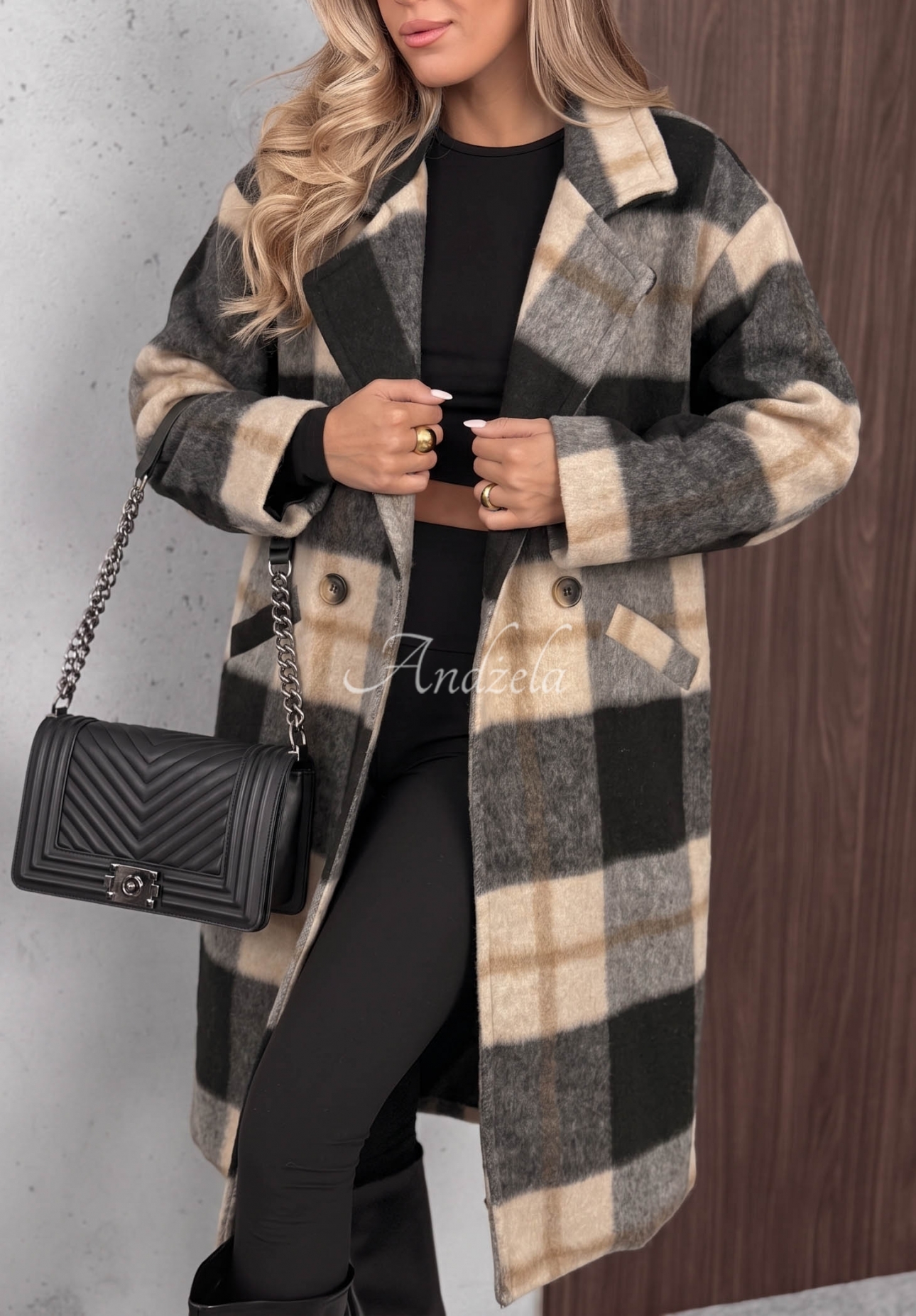 Cloudy Daydream Black Long Oversized Checkered Coat with Wool