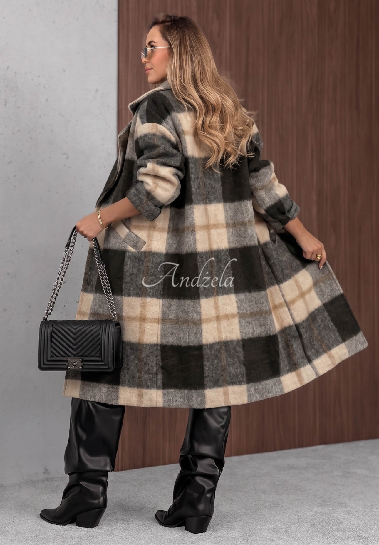 Cloudy Daydream Black Long Oversized Checkered Coat with Wool