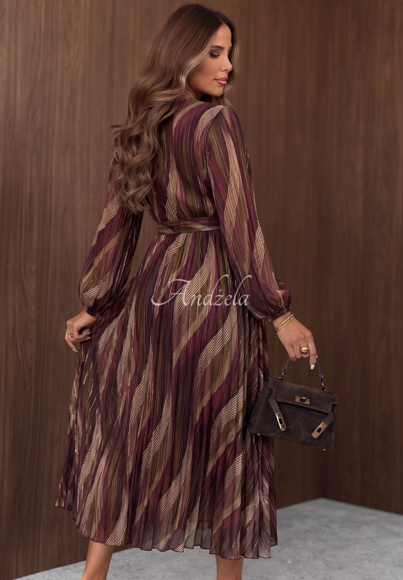 Quiet Romance Blueberry-Colored Patterned Midi Dress with Belt