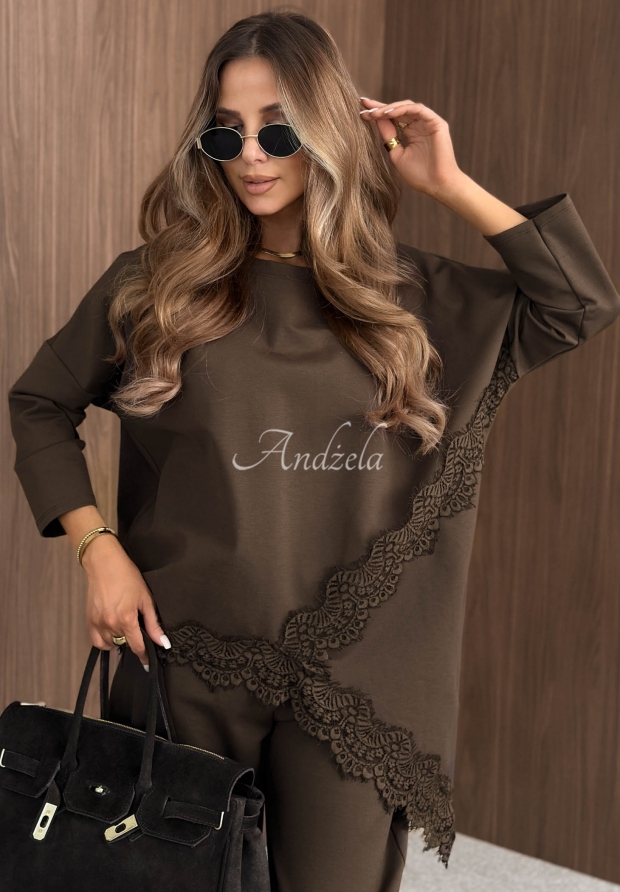 Rainy Saturday Chocolate-Colored Oversized Viscose Sweatshirt with Lace