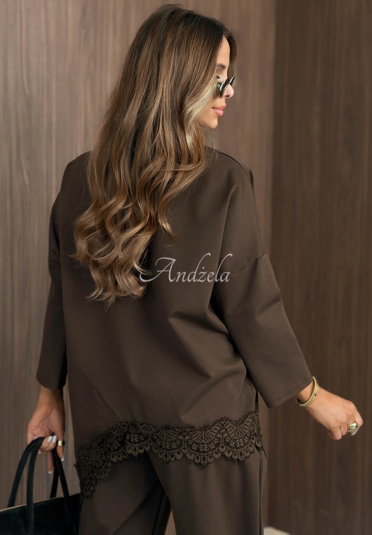 Rainy Saturday Chocolate-Colored Oversized Viscose Sweatshirt with Lace