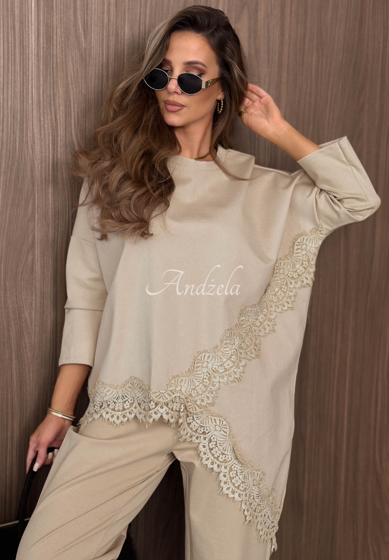 Rainy Saturday Beige Oversized Viscose Sweatshirt with Lace