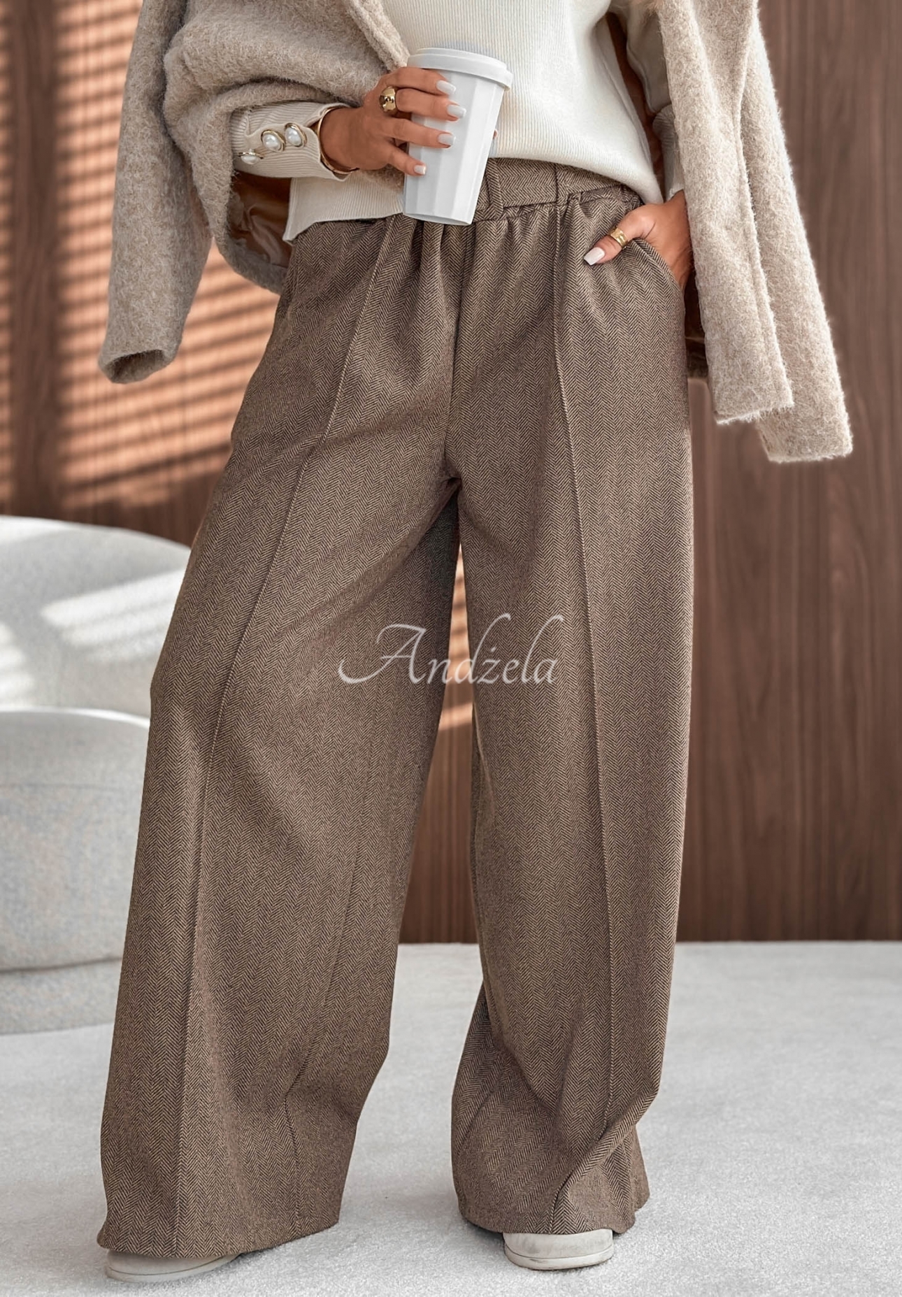 Wide-leg viscose pants with stitching, Warm Coffee beige