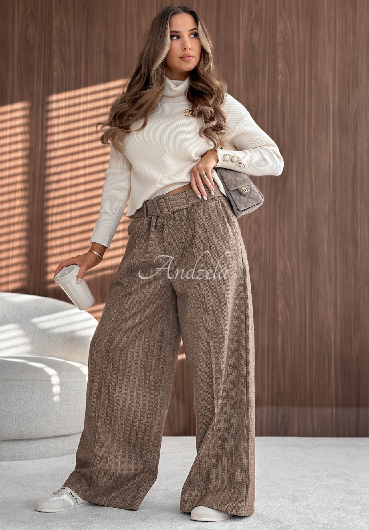 Wide-leg viscose pants with stitching, Warm Coffee beige