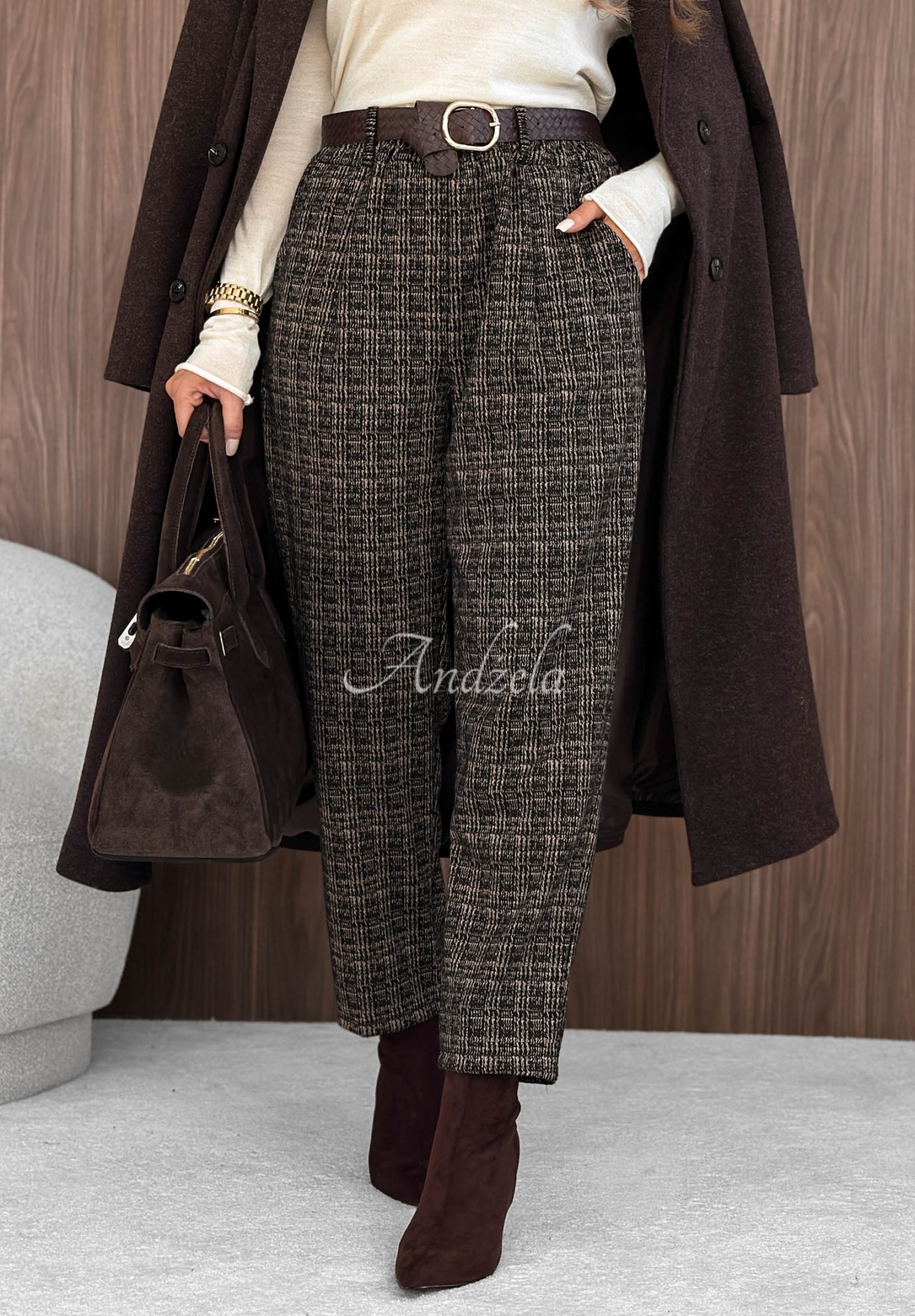 Make Moves Black and Beige Checkered Cotton Pants with a Belt