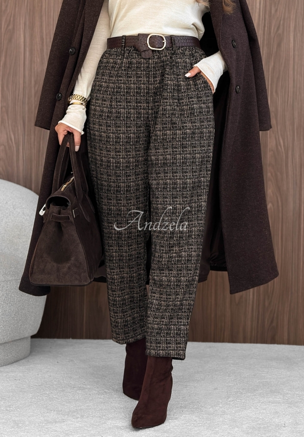 Make Moves Black and Beige Checkered Cotton Pants with a Belt