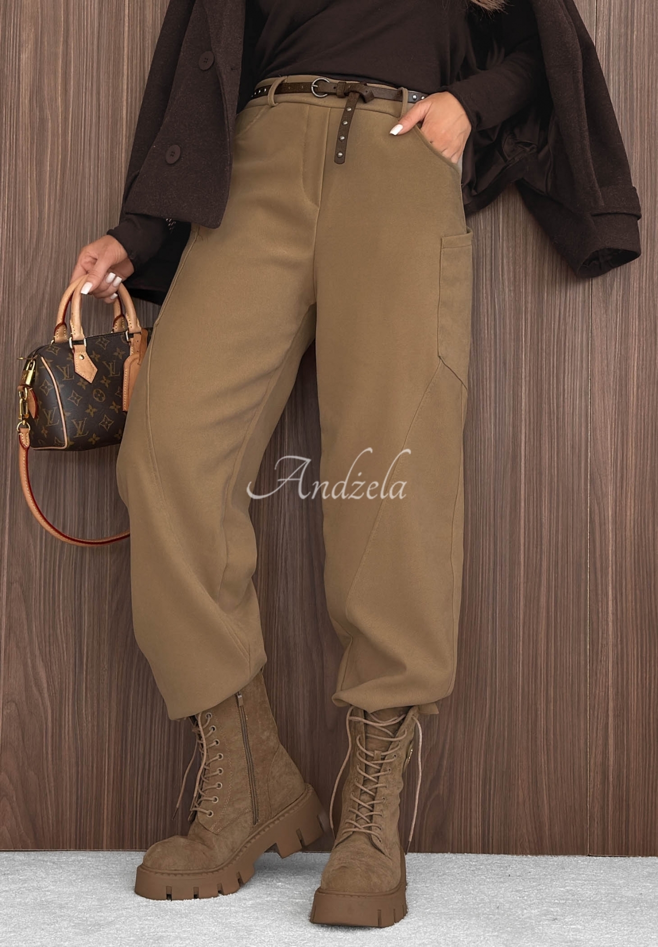 Lucky Fall mocha mom-fit fabric pants with a belt