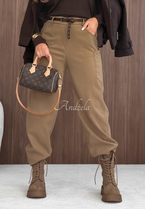 Lucky Fall mocha mom-fit fabric pants with a belt
