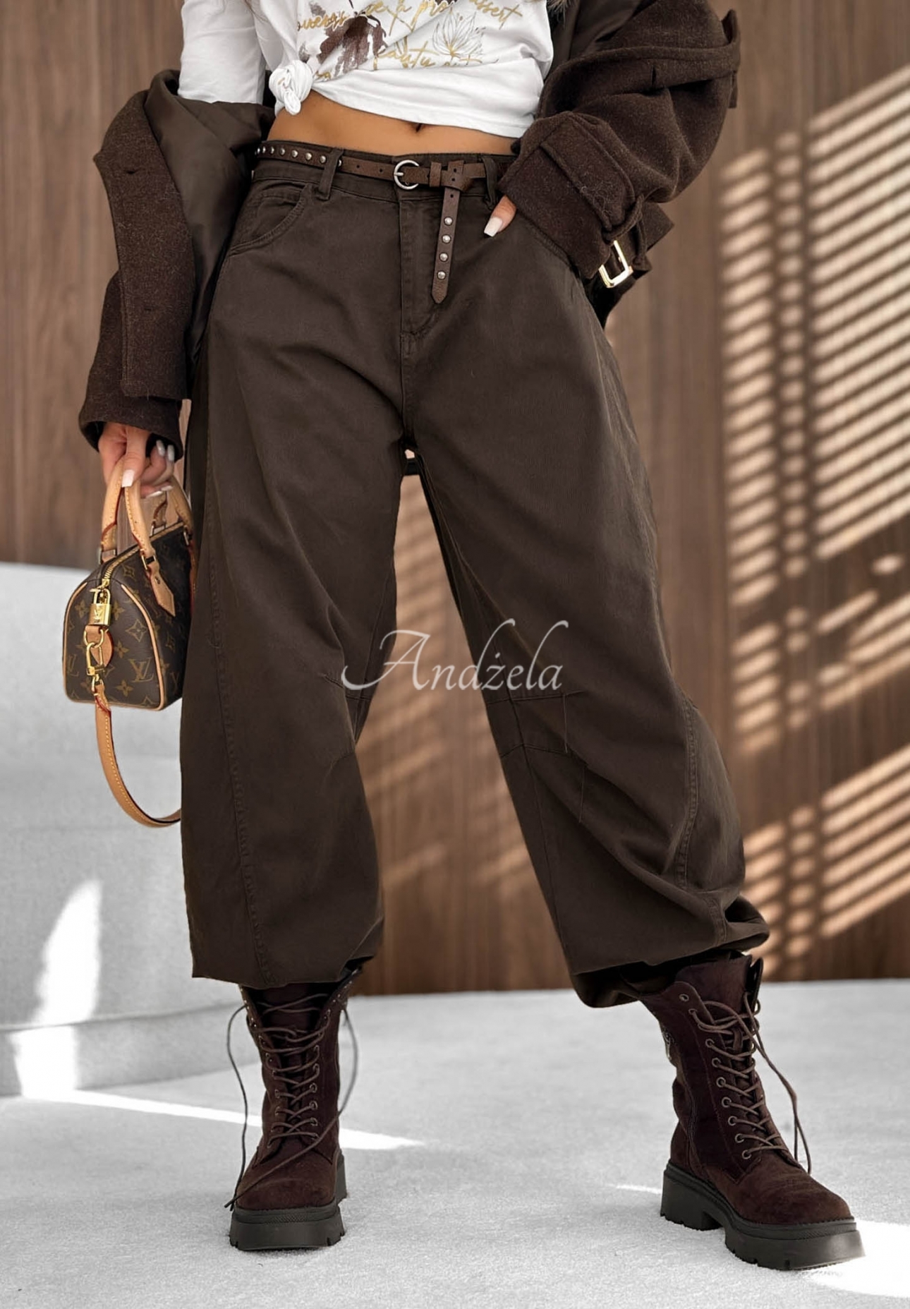 Be Myself chocolate-colored banana-style jeans with a belt