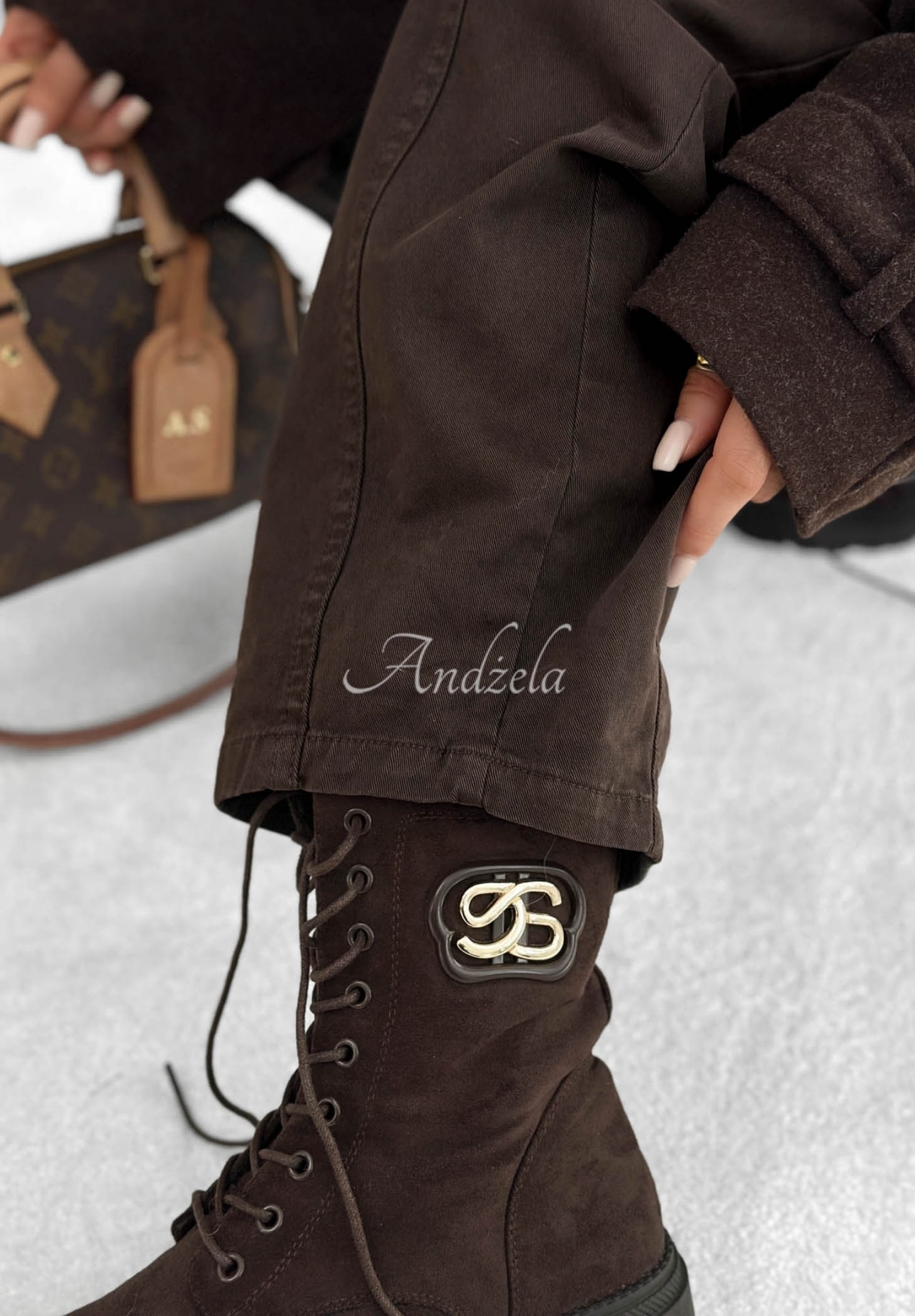 Be Myself chocolate-colored banana-style jeans with a belt