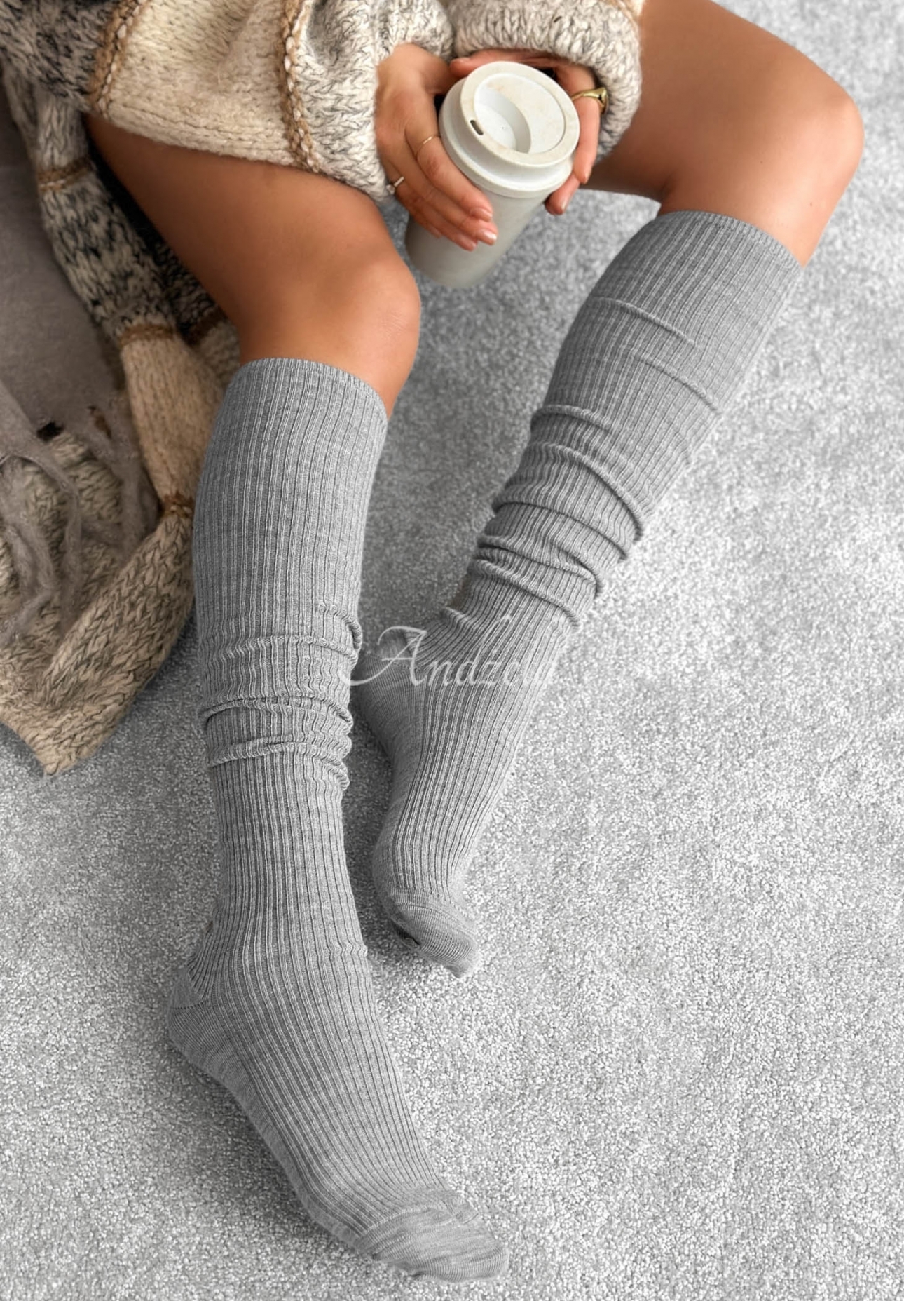 Pretty Legs Striped Knee-High Socks with Merino Wool, Gray