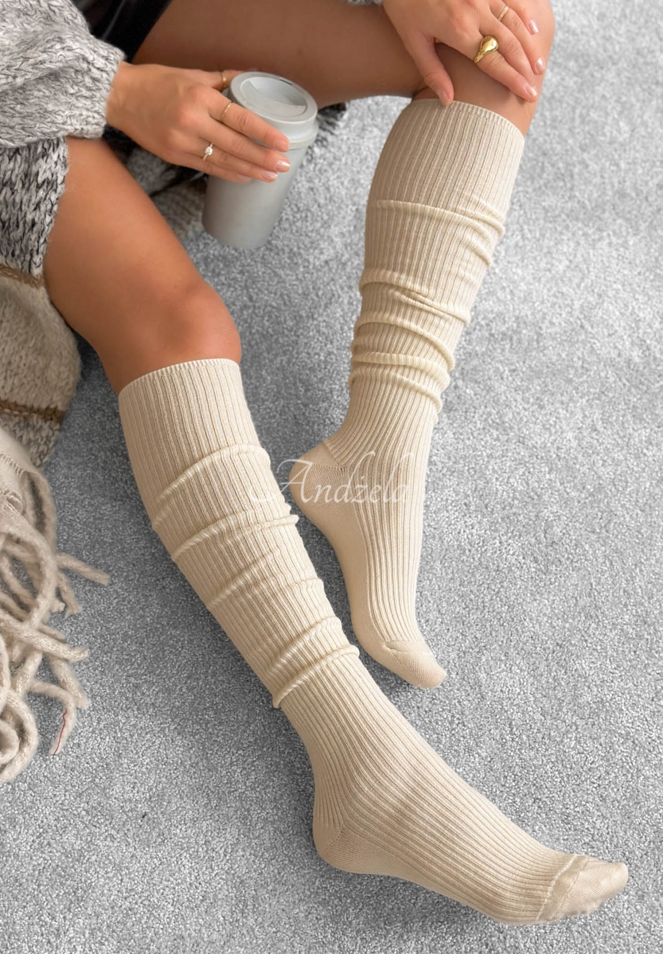 Pretty Legs Ecru Ribbed Knee-High Socks with Merino Wool