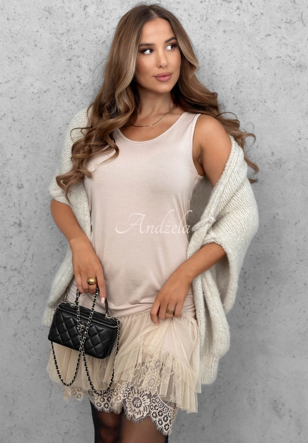 Good Point Beige Viscose Slip Dress with Lace