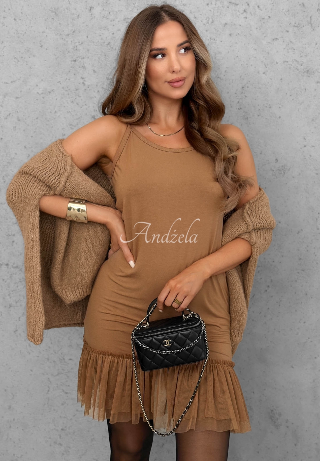 Megi camel mini tunic dress with tulle