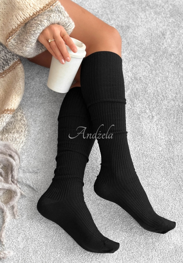 Pretty Legs Black Ribbed Knee-High Socks with Merino Wool