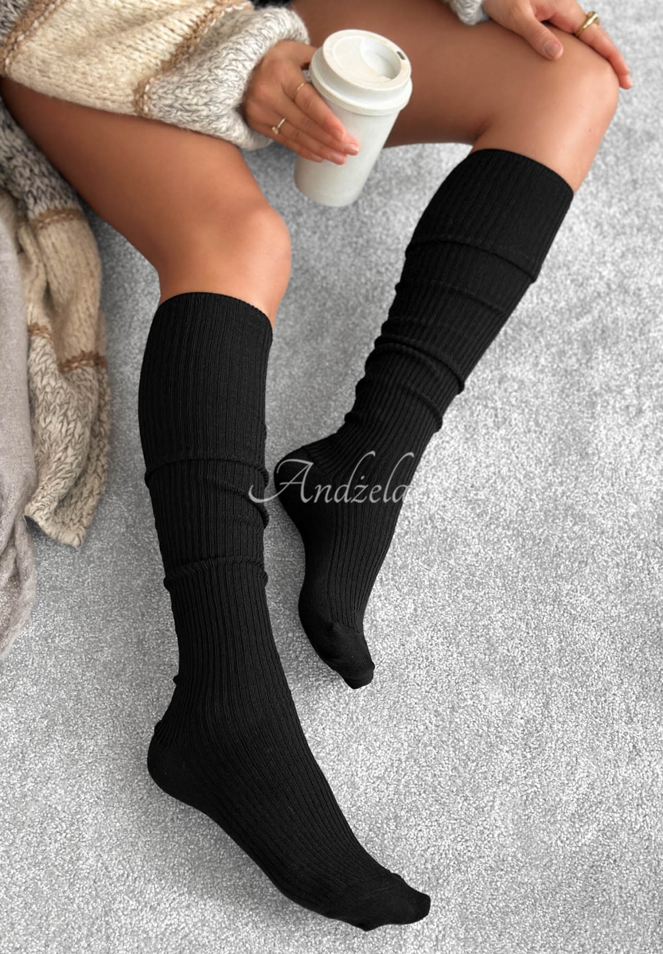 Pretty Legs Black Ribbed Knee-High Socks with Merino Wool