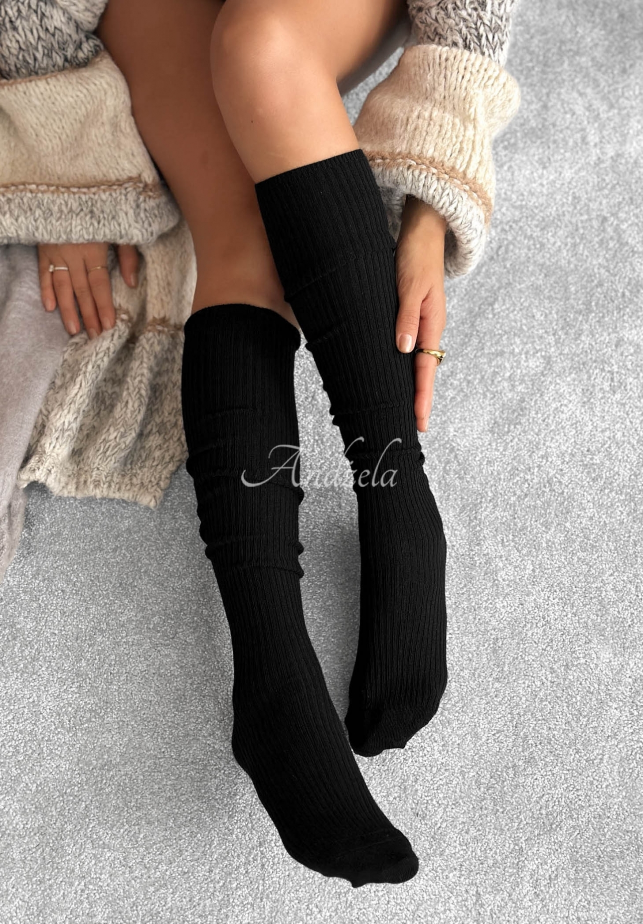 Pretty Legs Black Ribbed Knee-High Socks with Merino Wool