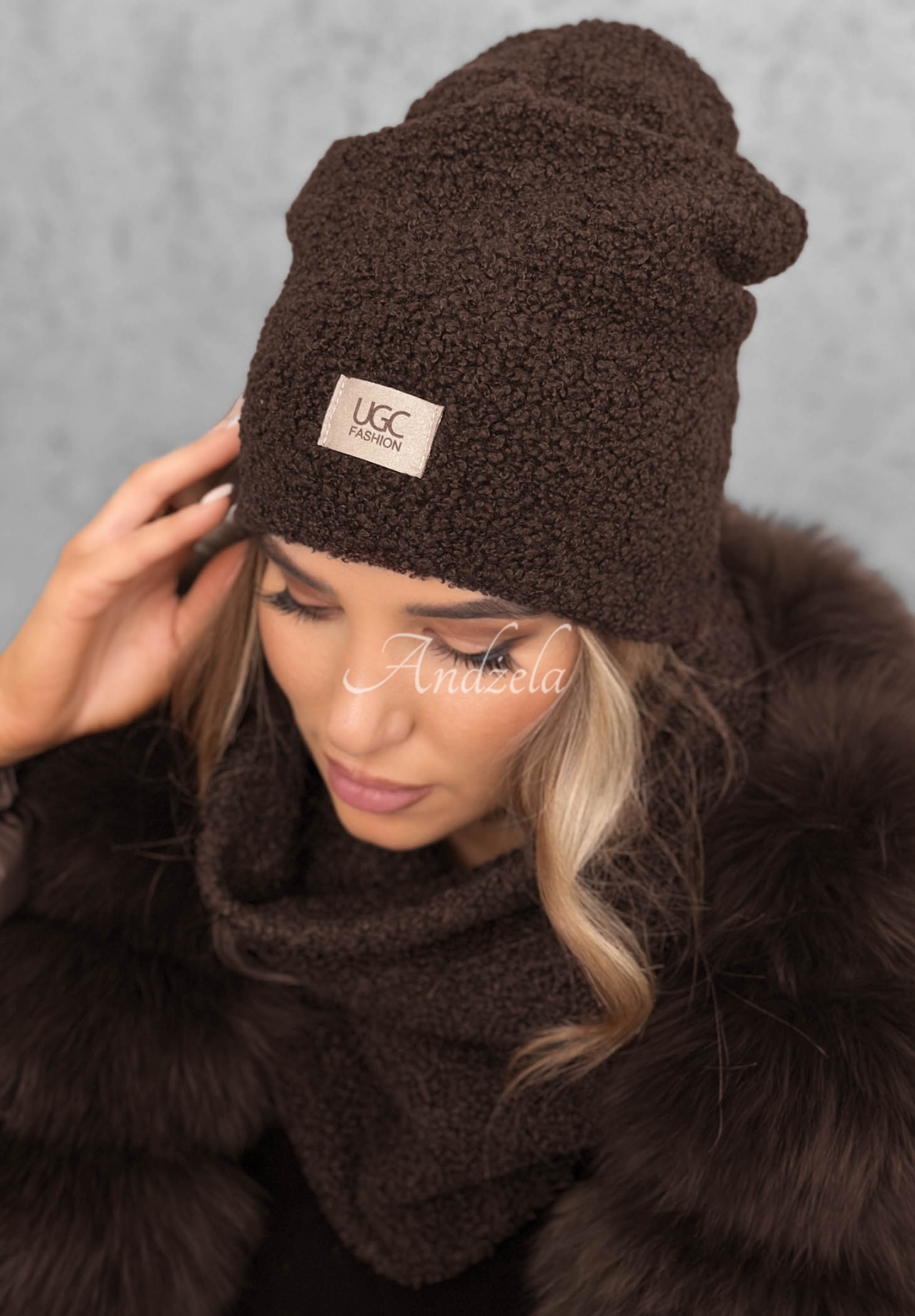 Winter Lady Chocolate-Colored Hat and Scarf Set with Shearling Trim