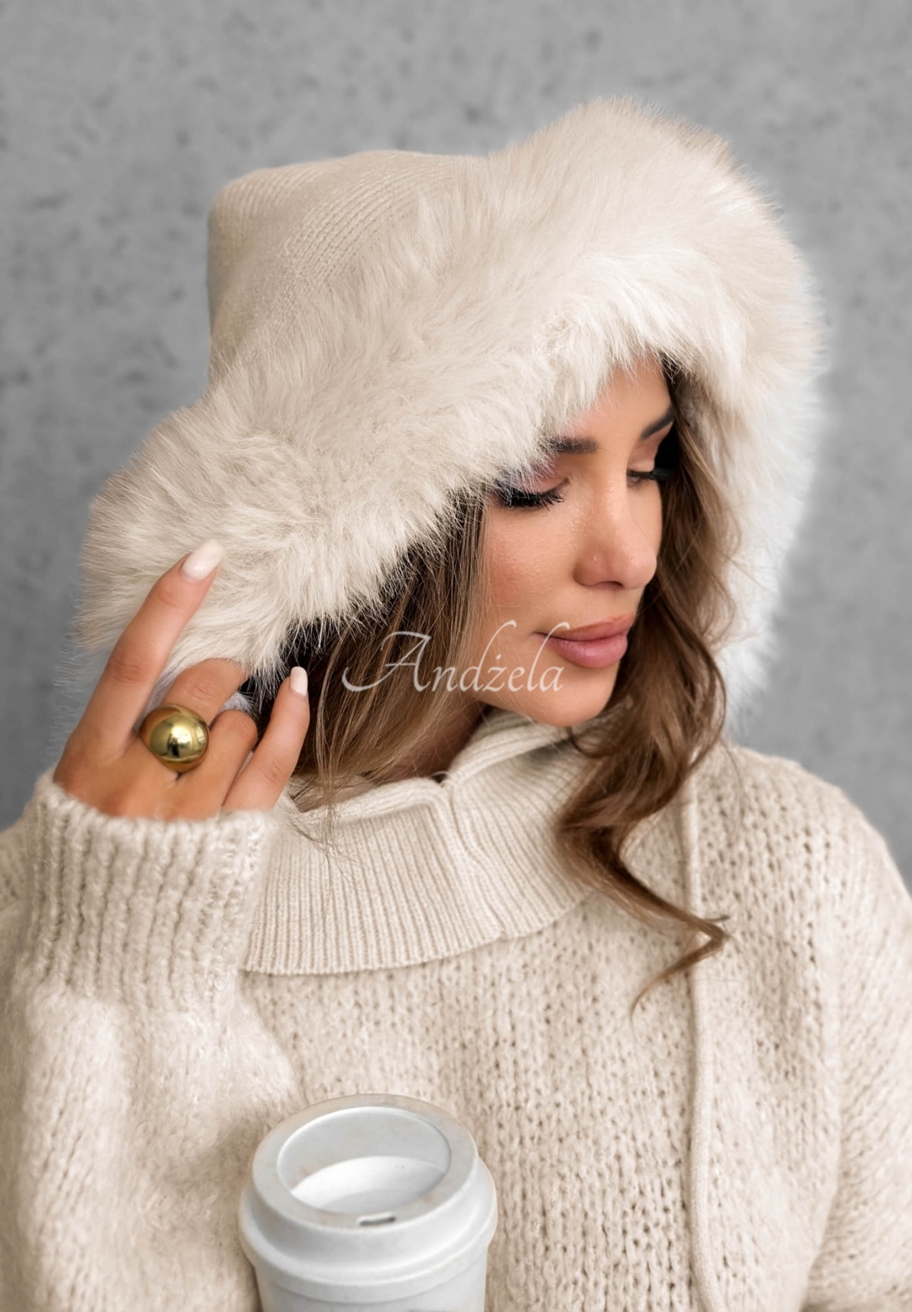 Winter Crush Light Beige Balaclava with Fur Trim