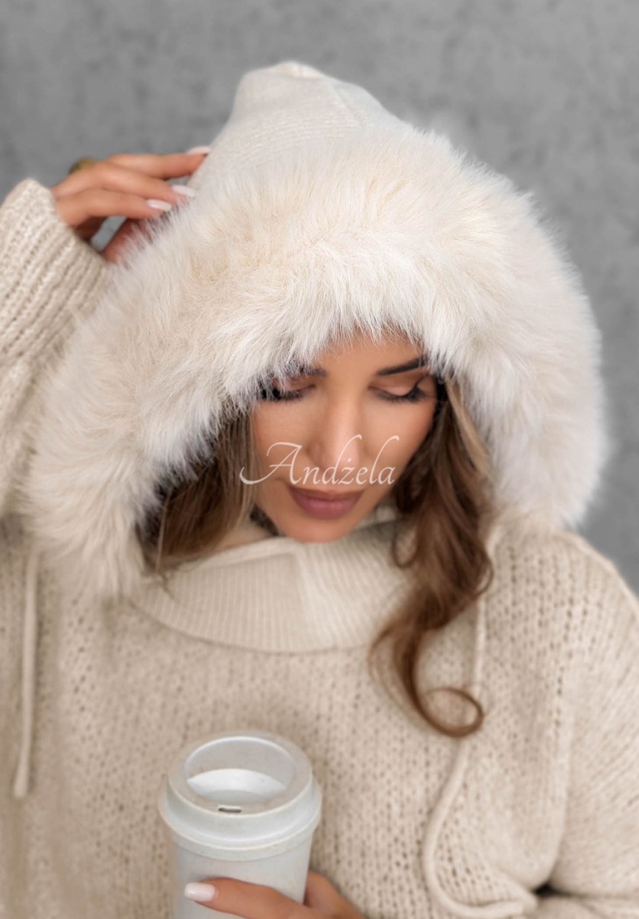 Winter Crush Light Beige Balaclava with Fur Trim