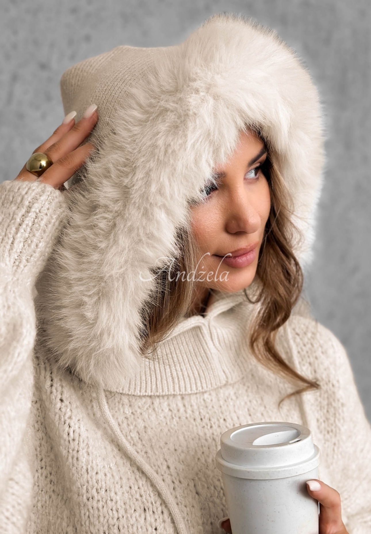Winter Crush Light Beige Balaclava with Fur Trim
