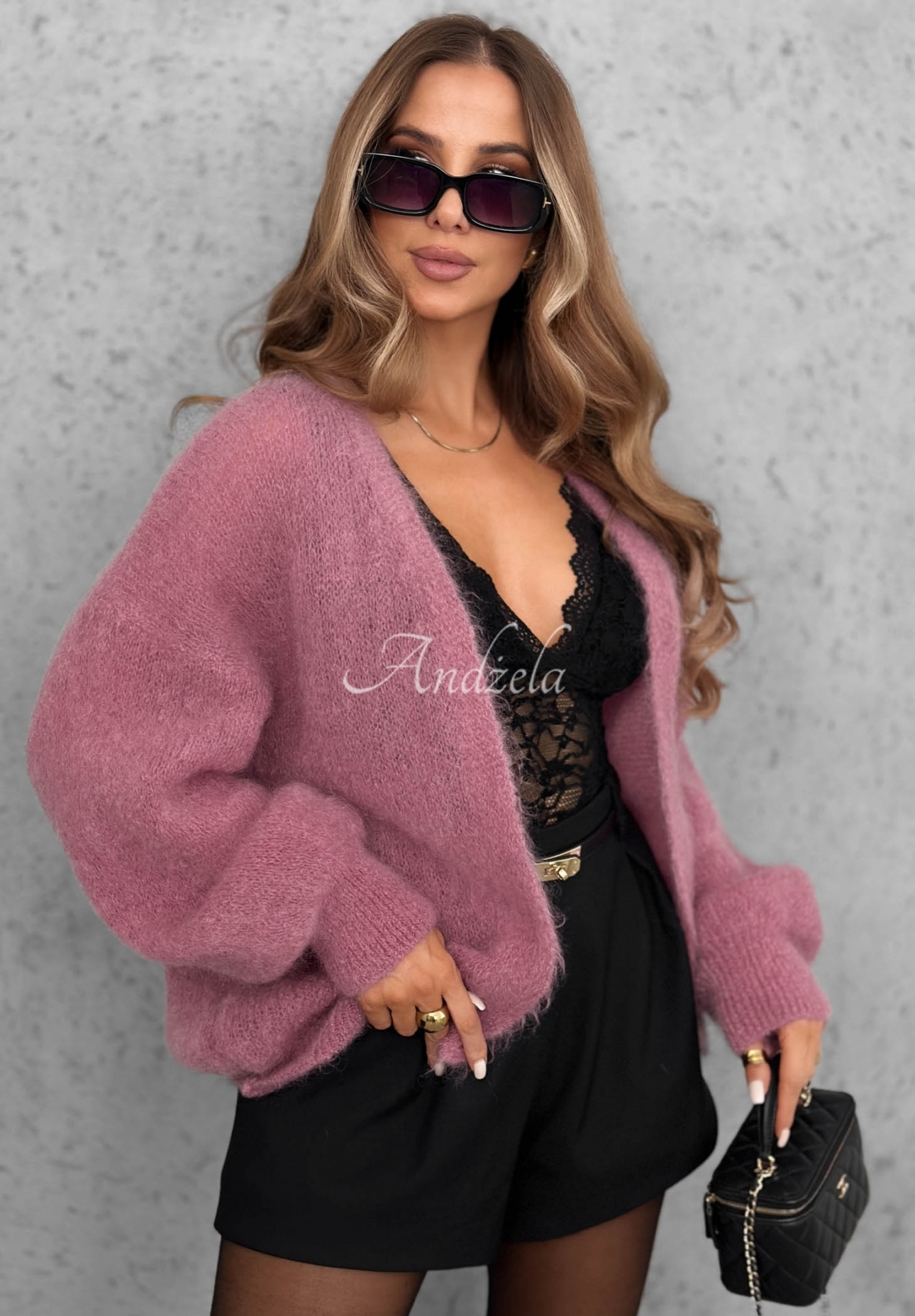 Cozy Latte Oversized Open-Front Mohair Cardigan in Dusty Pink