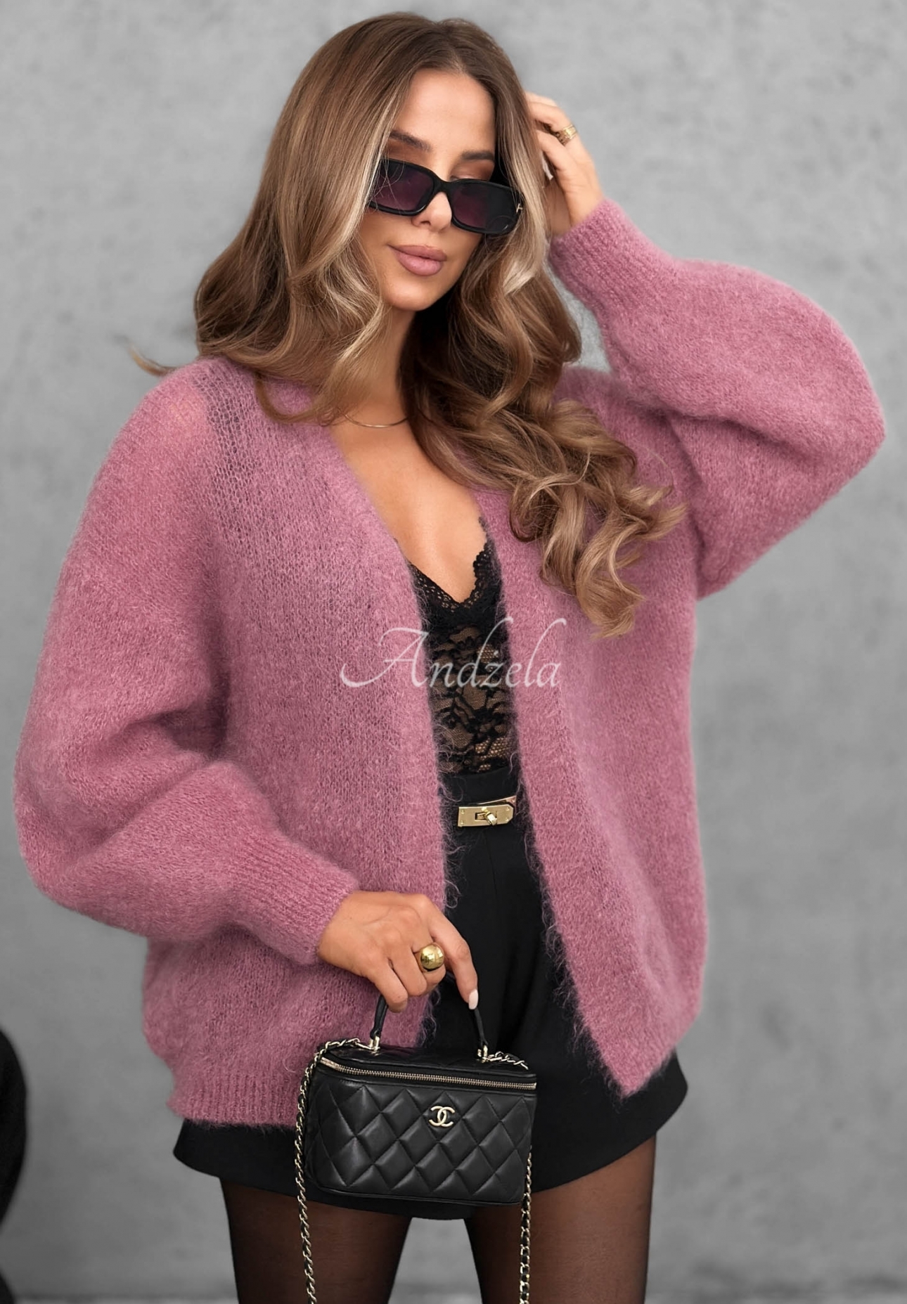 Cozy Latte Oversized Open-Front Mohair Cardigan in Dusty Pink