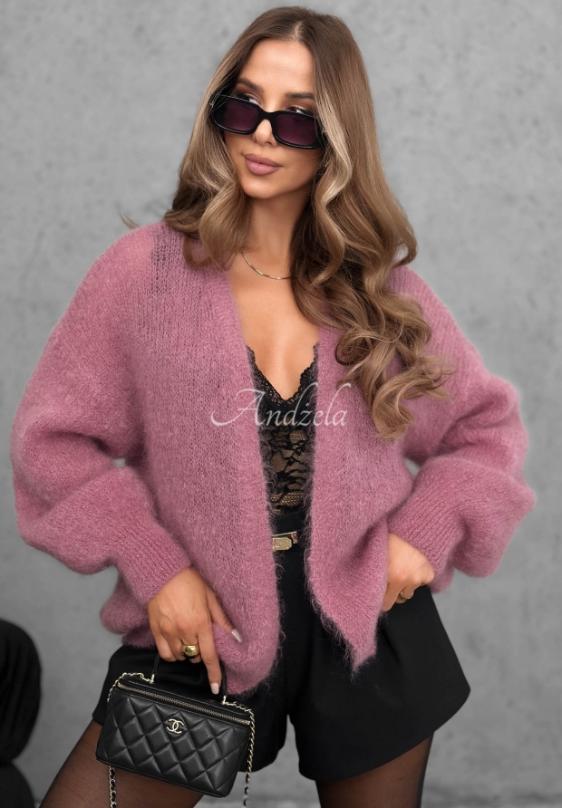 Cozy Latte Oversized Open-Front Mohair Cardigan in Dusty Pink