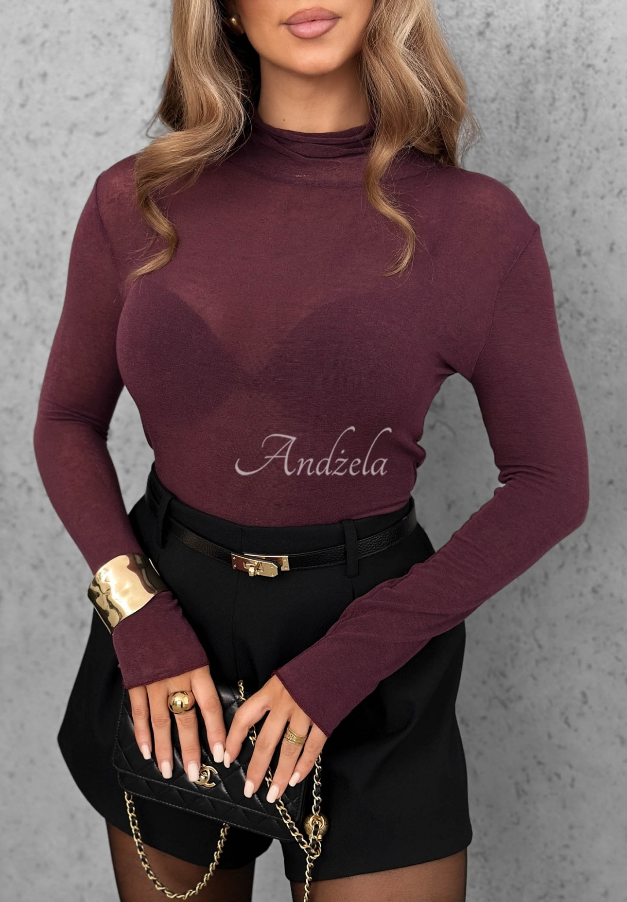 Soft And Warm Burgundy Long-Sleeve Turtleneck Blouse with Viscose and Cashmere