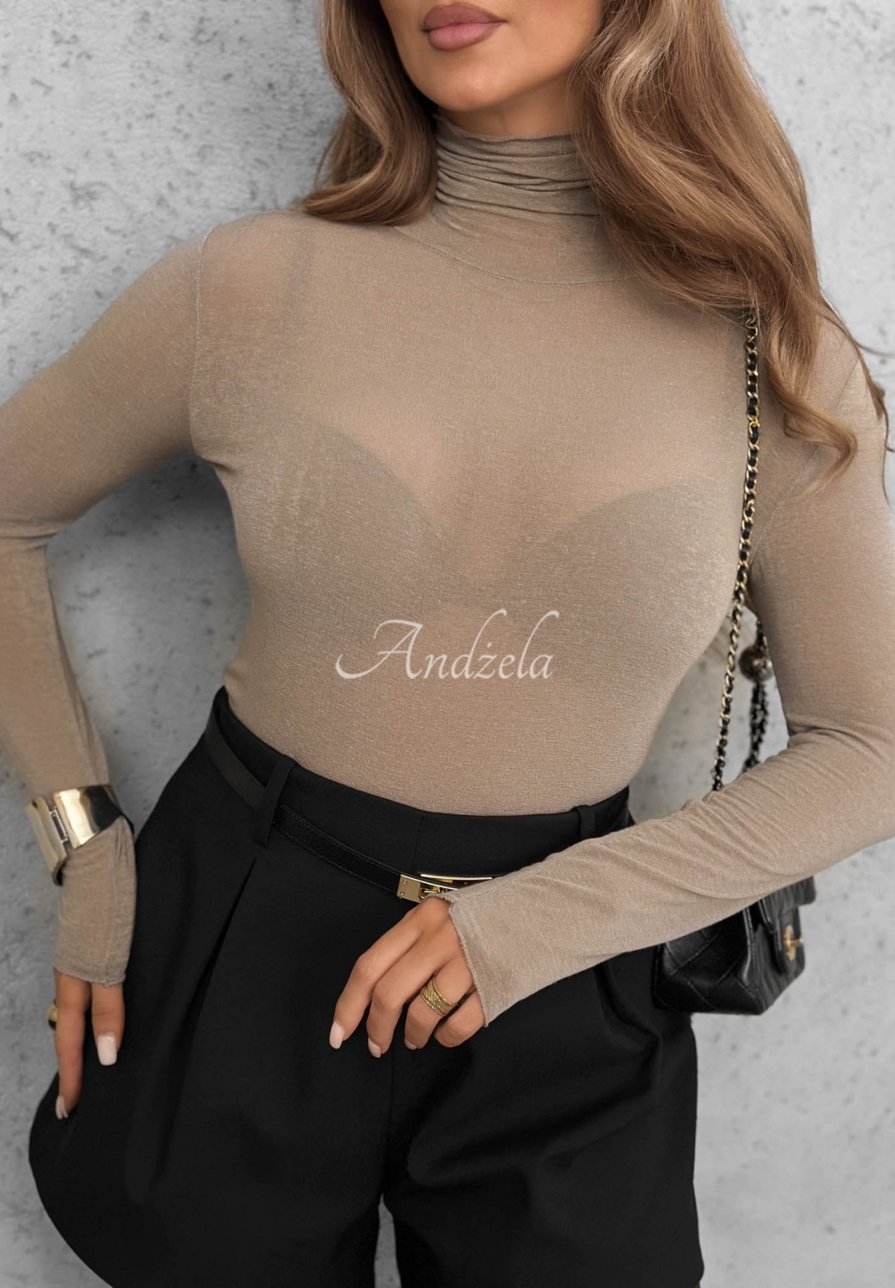 Soft And Warm Beige Long-Sleeve Turtleneck Blouse with Viscose and Cashmere