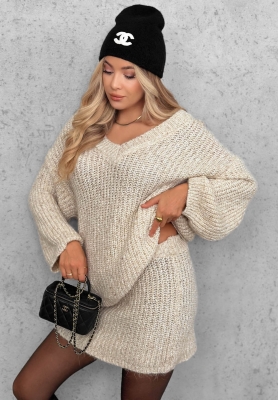 Cloud Hug Beige Wool Knit Set: Sweater and Mini Skirt