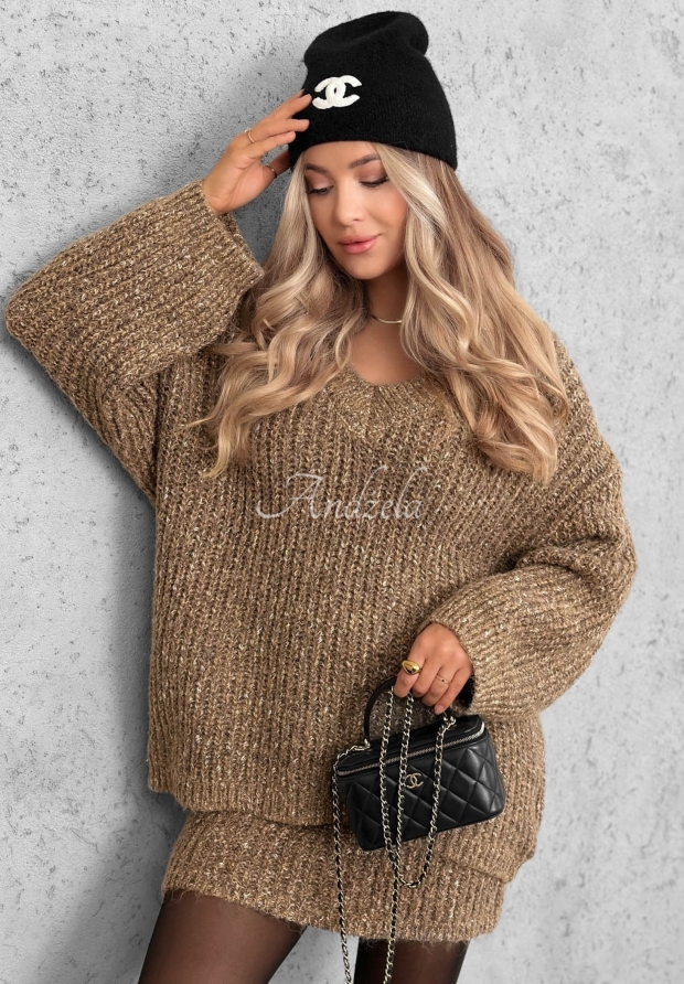 Dzianinowy komplet sweter i sp&oacute;dniczka mini z wełną Cloud Hug mokka