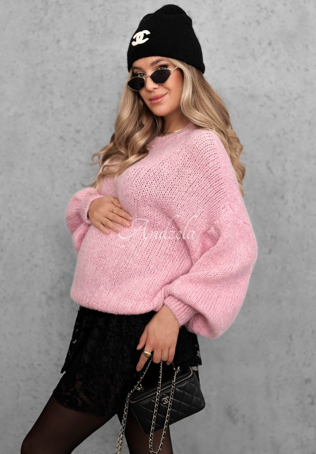 Miękki sweter oversize z wełną i wiskozą Cloud Babe pudrowy r&oacute;ż