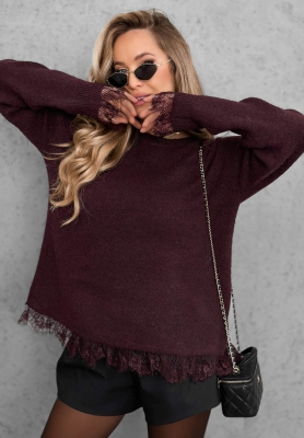 Cozy Softness Oversized Sweater with Wool and Lace, Berry Blue