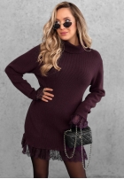Prążkowany sweter z golfem i koronką Autumn Spell czekoladowy