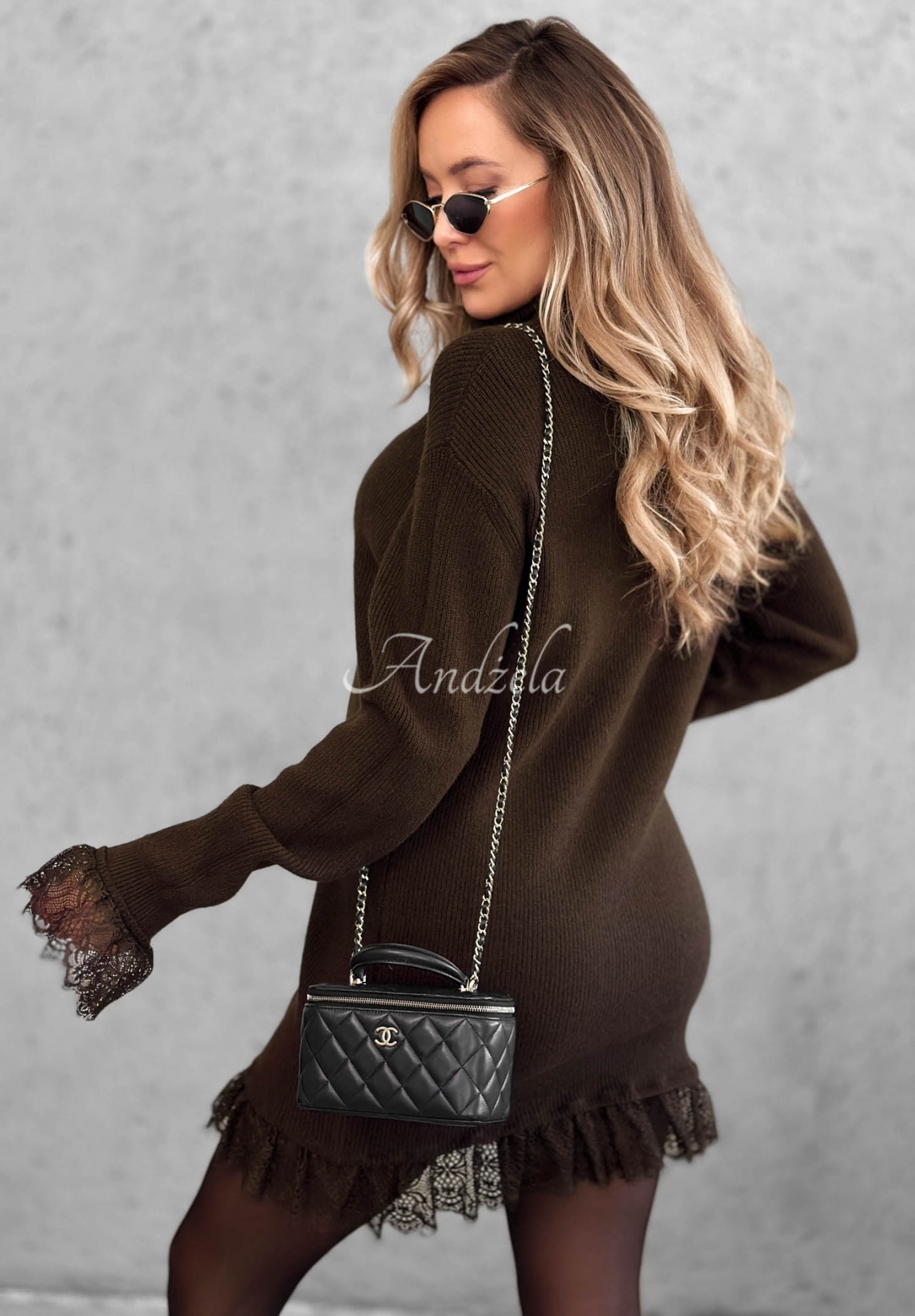 Autumn Spell Chocolate-Colored Viskose Knit Dress with a Turtleneck and Lace