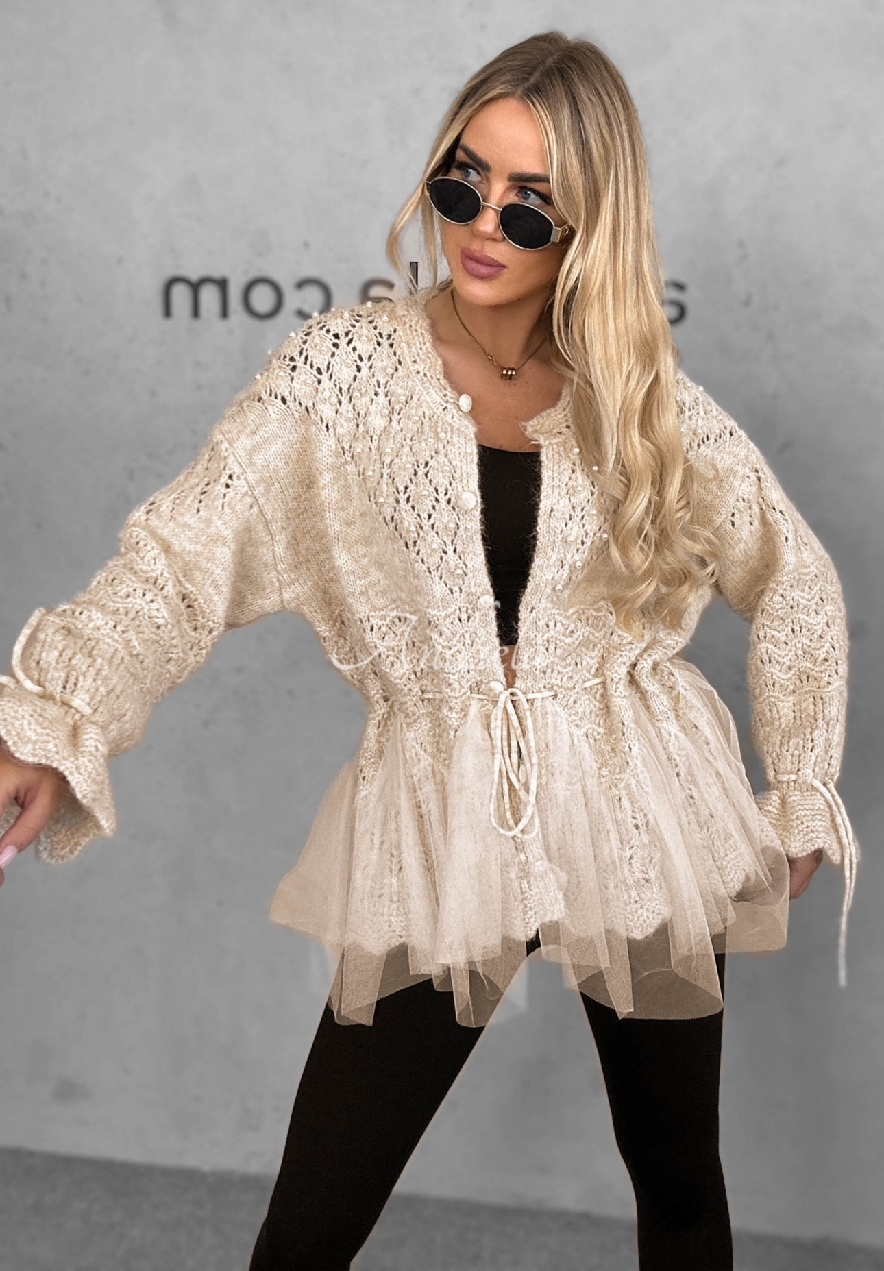 Blush Darling Beige Decoratively Braided Cardigan with Wool, Pearls, and Tulle