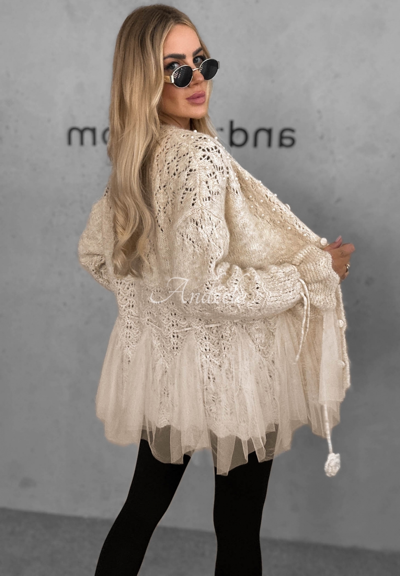 Blush Darling Beige Decoratively Braided Cardigan with Wool, Pearls, and Tulle
