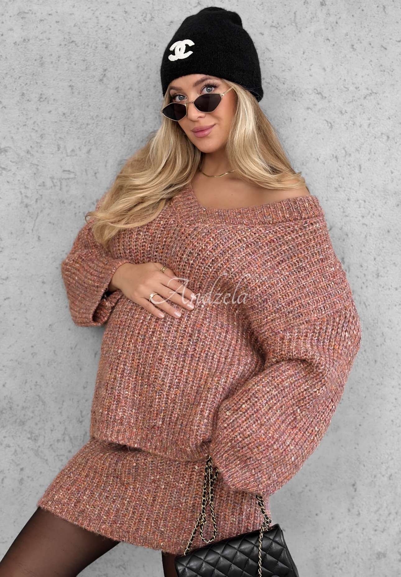 Dzianinowy komplet sweter i spódniczka mini z wełną Cloud Hug brudny róż