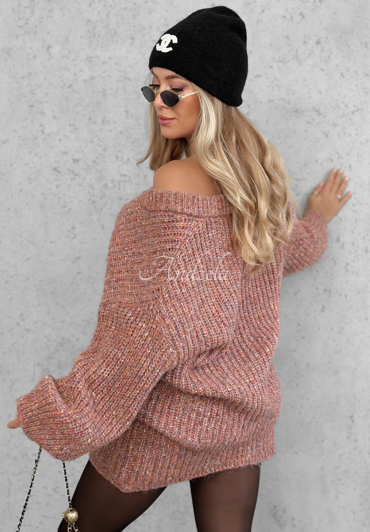 Dzianinowy komplet sweter i spódniczka mini z wełną Cloud Hug brudny róż