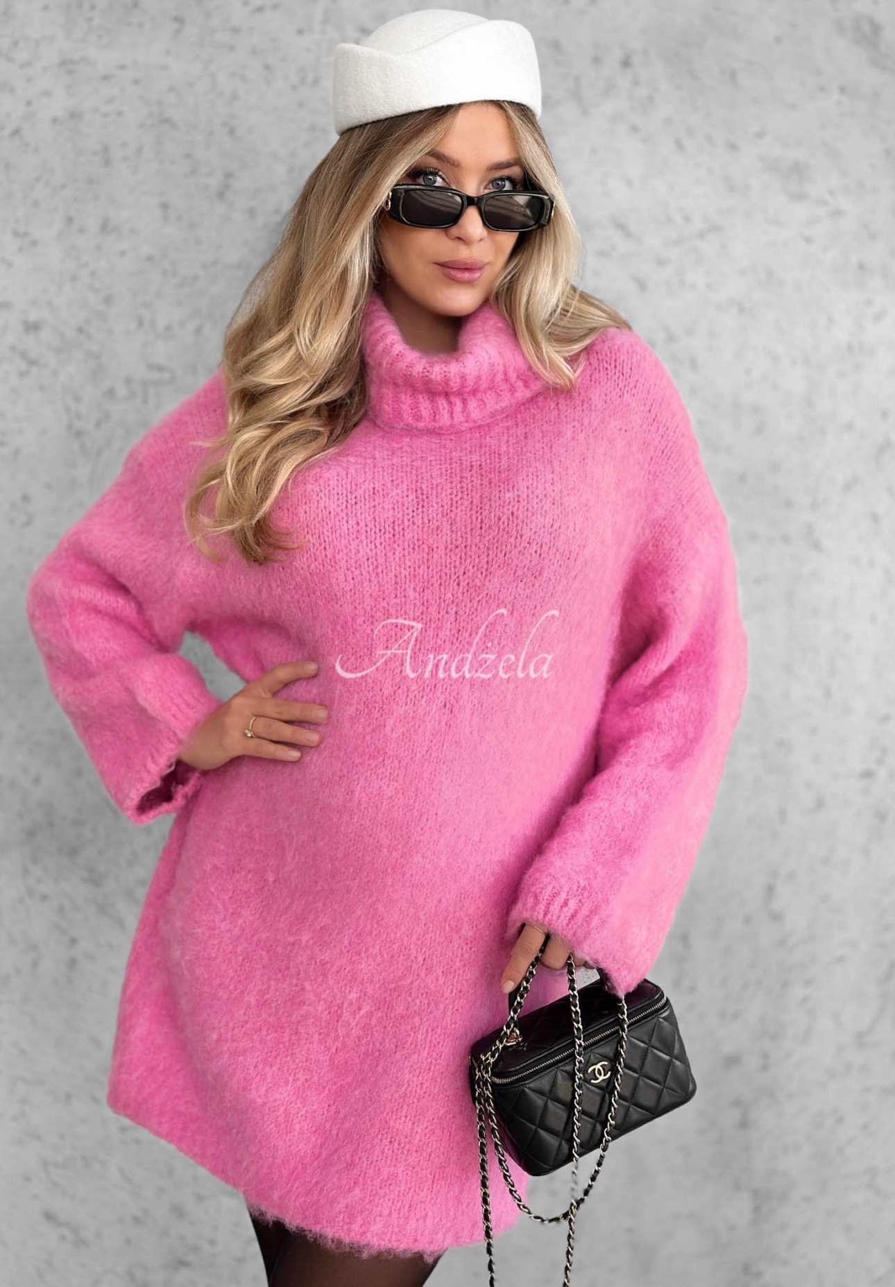 Cozy Babe Pink Knit Turtleneck Dress with Wool and Viscose