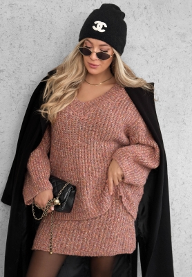 Dzianinowy komplet sweter i spódniczka mini z wełną Cloud Hug brudny róż