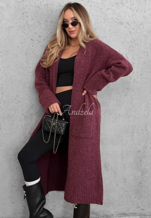 Long, oversized cardigan with pockets, made of Marbelio blueberry-colored wool