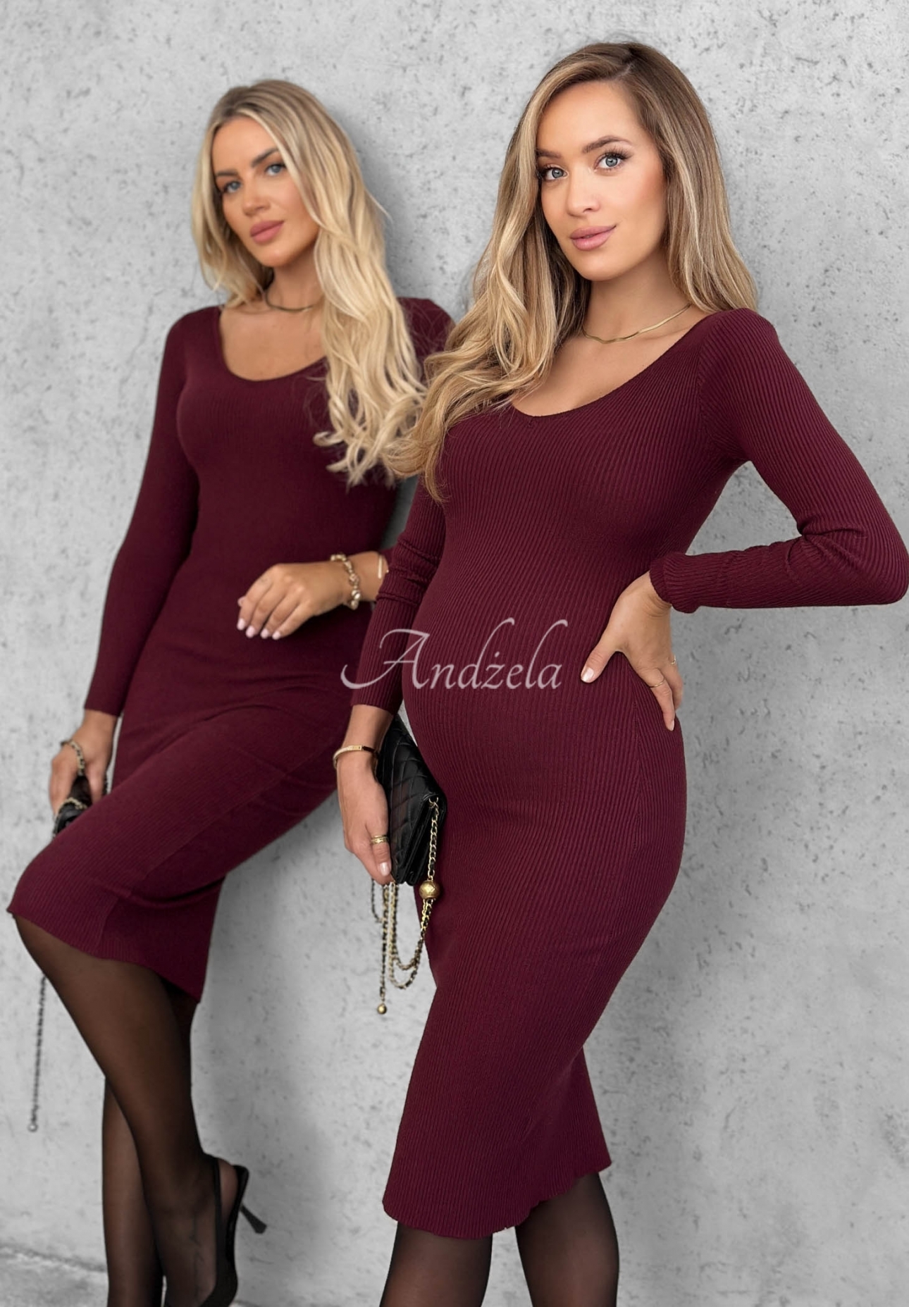 Dopasowana wiskozowa sukienka midi longsleeve z dekoltem City Morning jagodowa