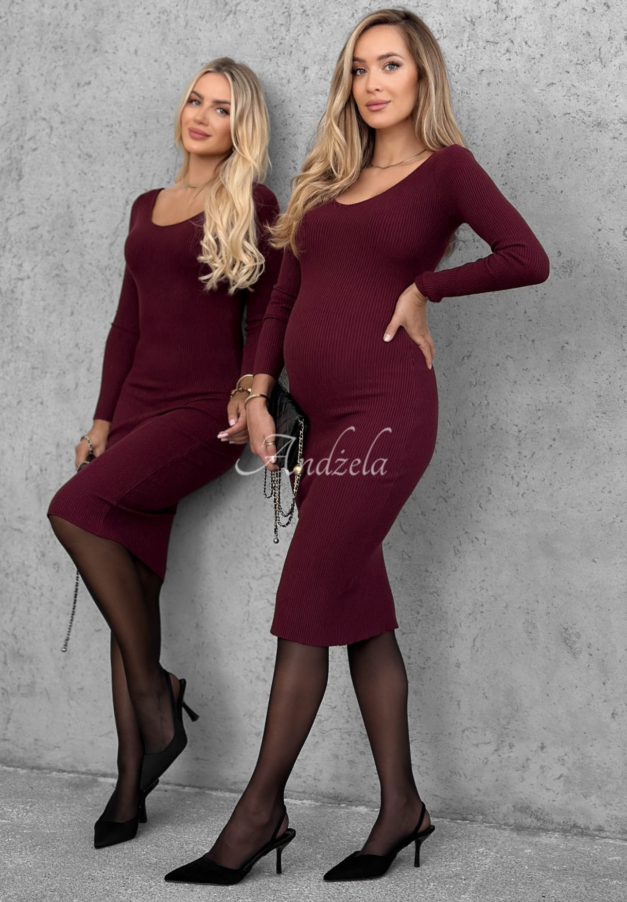 Fitted viscose midi dress with long sleeves and a neckline by City Morning in berry