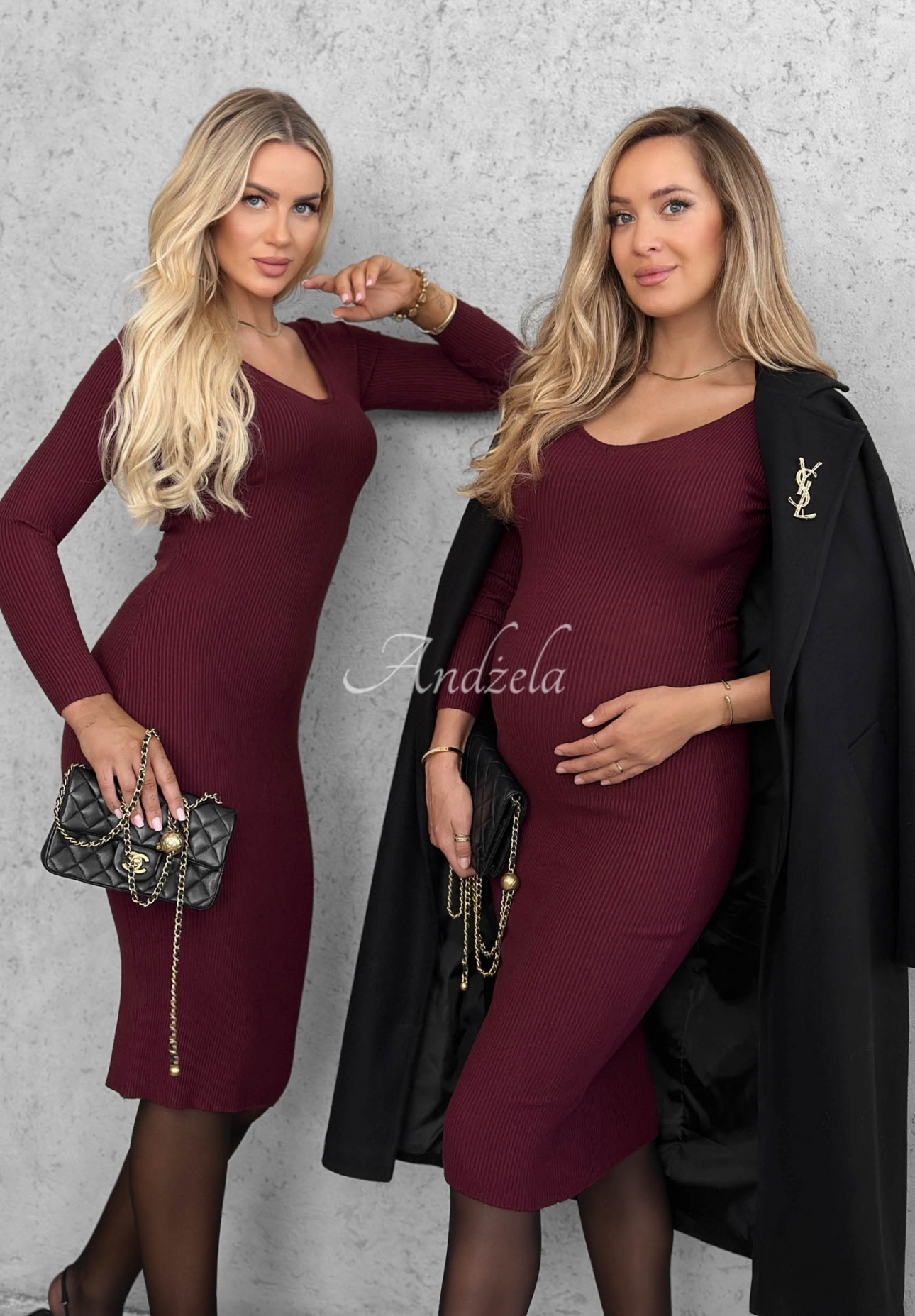 Dopasowana wiskozowa sukienka midi longsleeve z dekoltem City Morning jagodowa