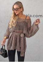 Długi moherowy sweter z paskiem Sweet Comfort burgundowy
