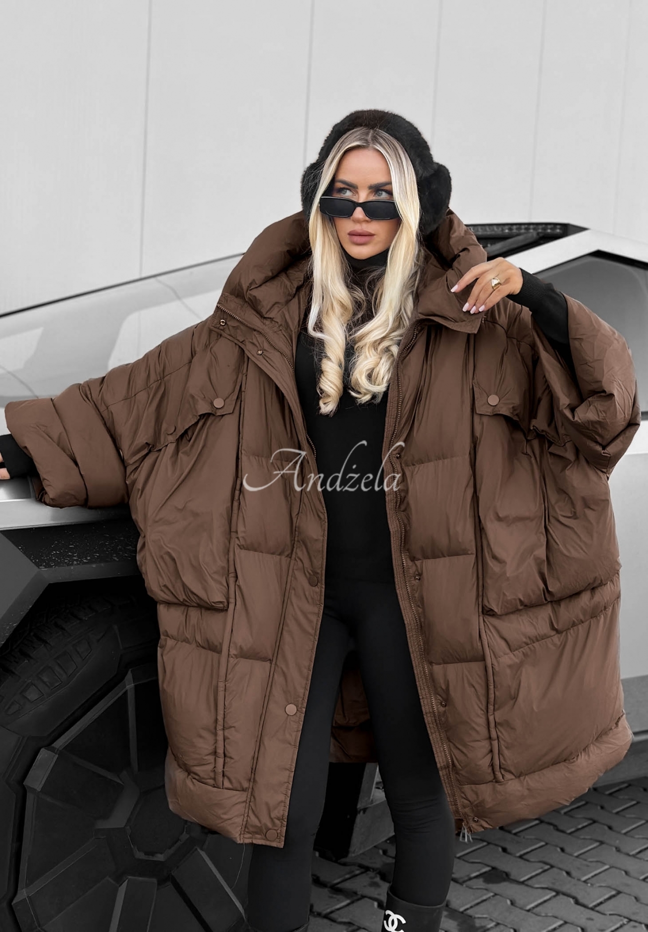 Frozen Tale Oversized Down Jacket with Hood, Chocolate Brown