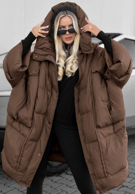 Frozen Tale Oversized Down Jacket with Hood, Chocolate Brown